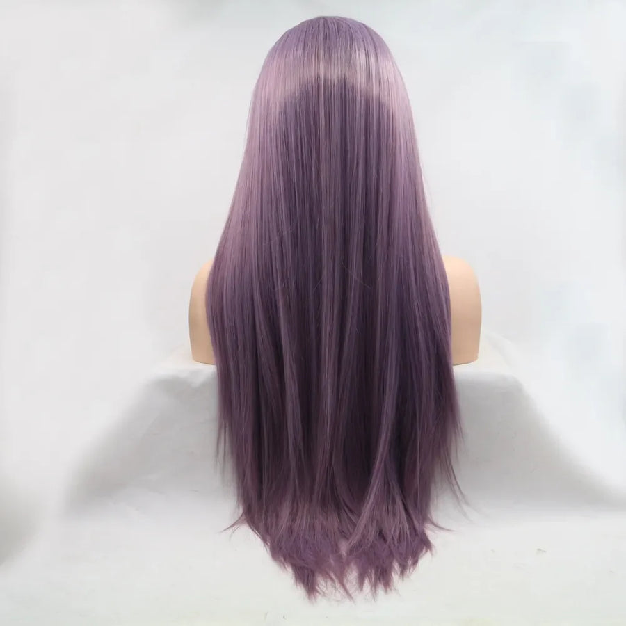 Purple straight lace front wig with a natural hairline and long, flowing hair.