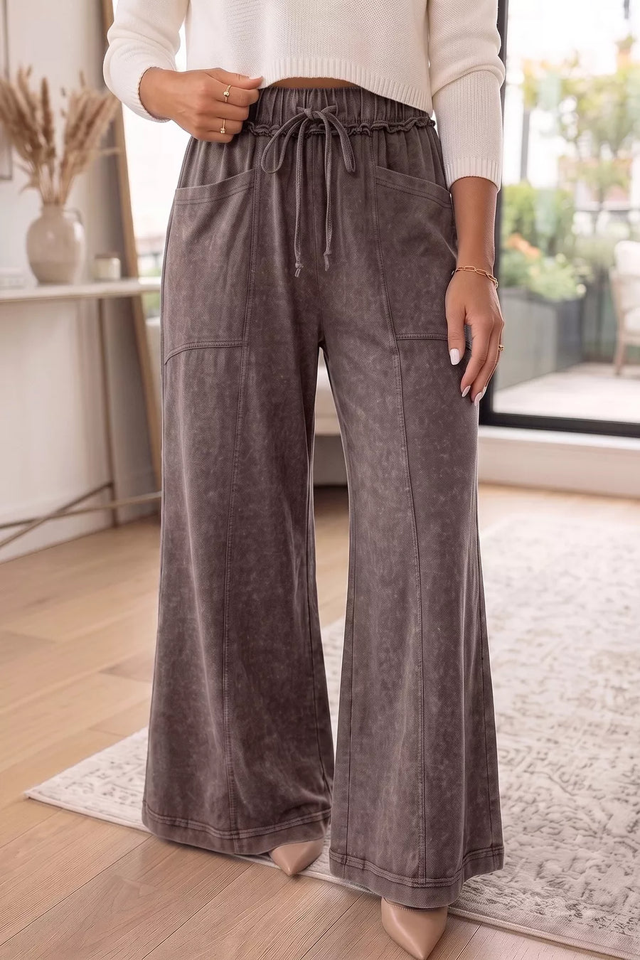 100% cotton Care instructions: Machine wash cold wide-leg pants in Coffee Brown with flared silhouette