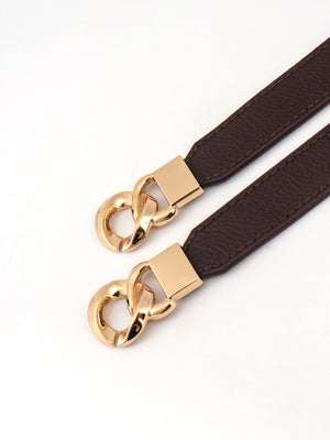 Chocolate faux leather belt with gold chain detail and square buckle
