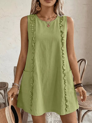 Yellow-Green sleeveless dress with frill details and pockets