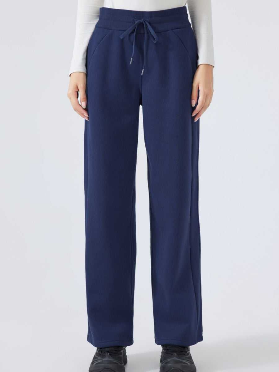 Dark blue relaxed palazzo sweatpants with drawstring waist and pockets