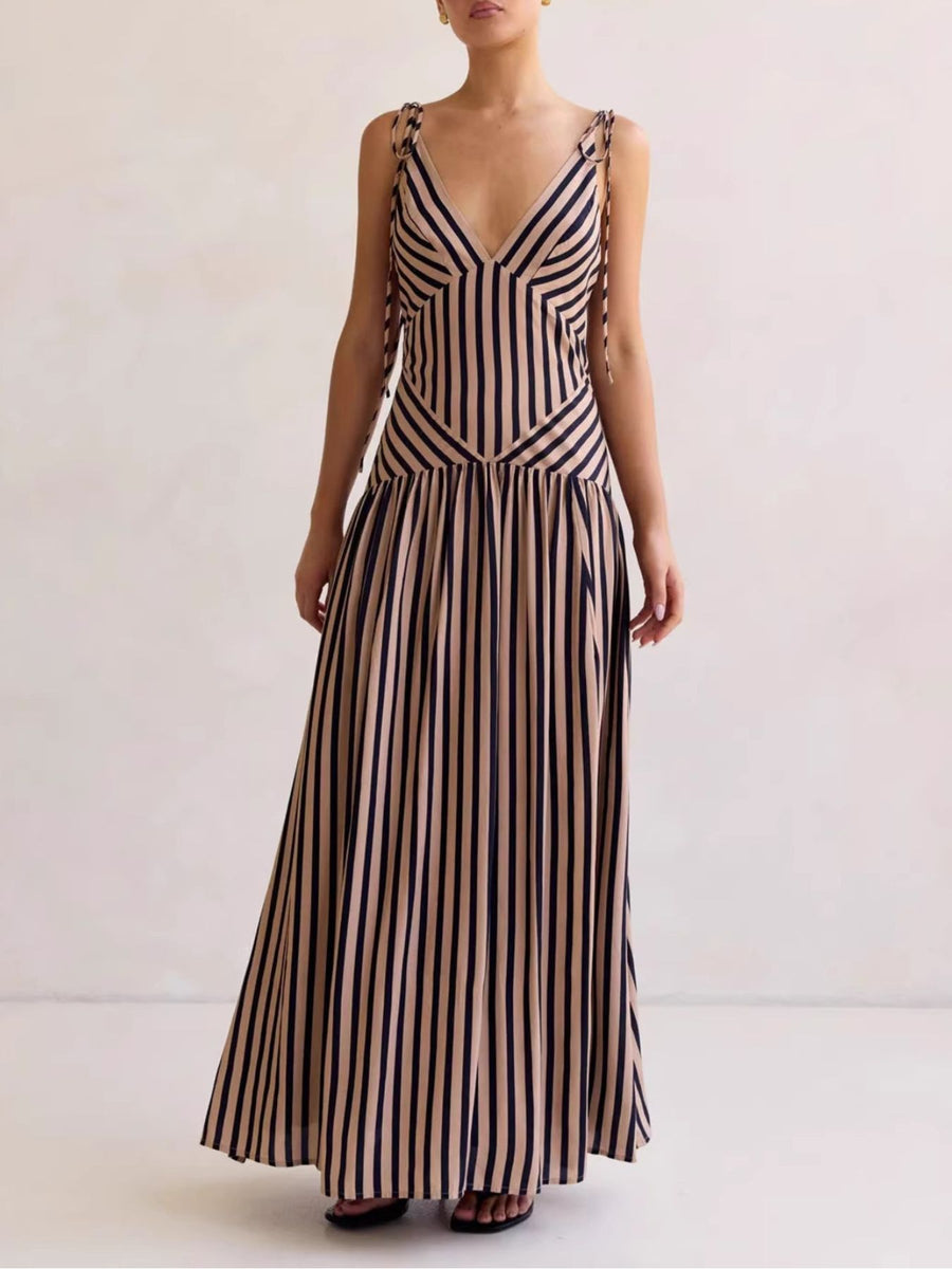 Tie-shoulder maxi dress with V-neck in brown and black stripes, adjustable straps