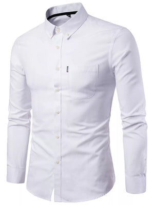 White cotton button-down shirt with pocket and buttoned collar