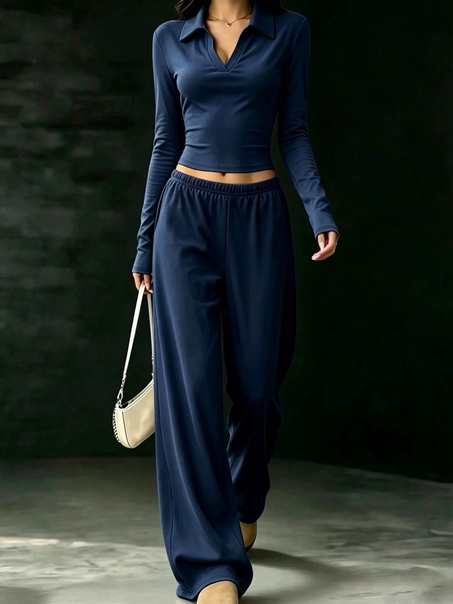 Solid Color Long Sleeve Polo Collar Top & Wide Leg Pants Set in Dark Brown with drawstring