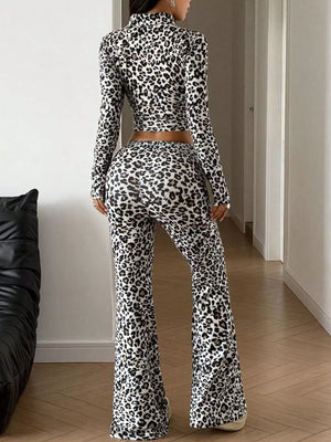 two-piece set in black with leopard-print and zipper