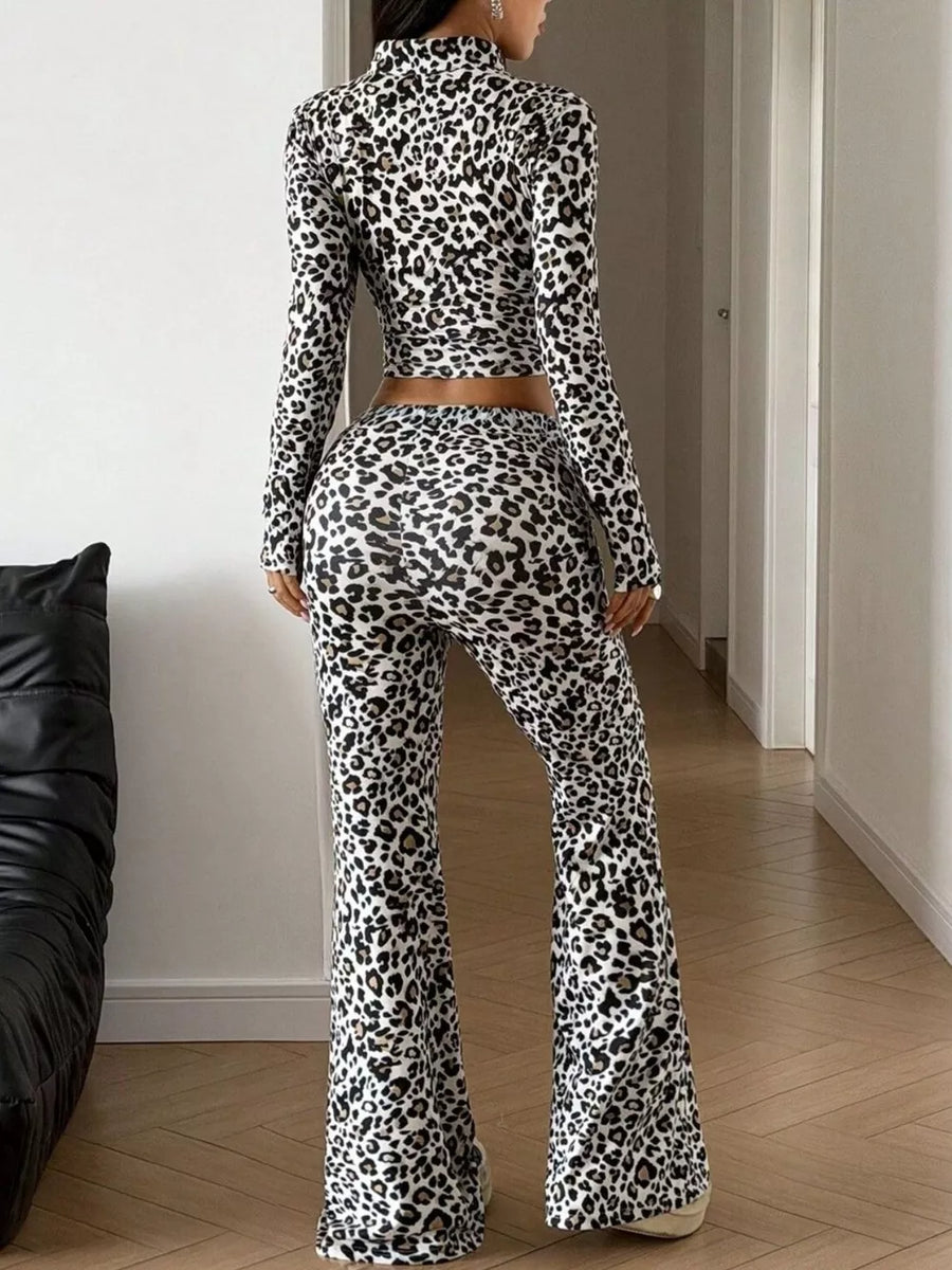 two-piece set in black with leopard-print and zipper