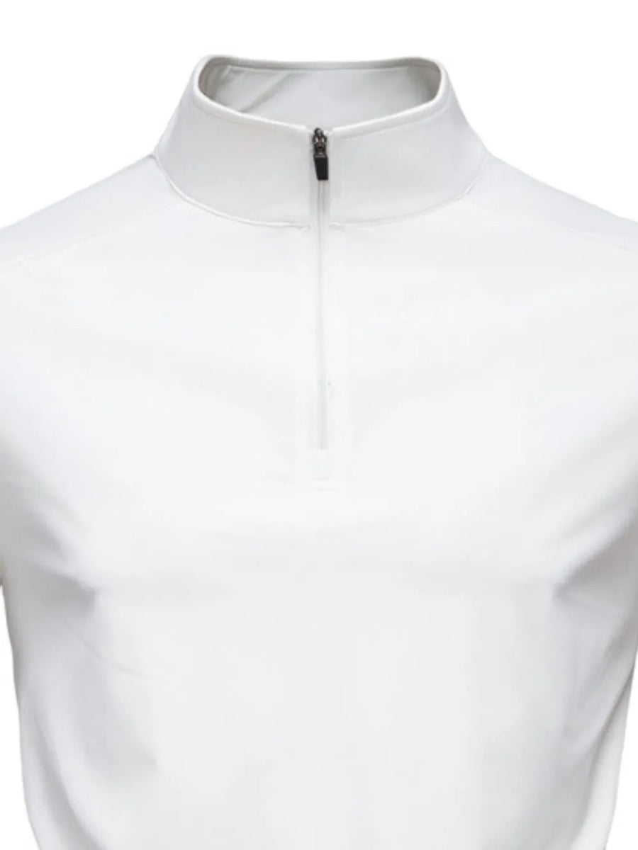 White performance zip-neck tee with structured shoulders and a stand-up collar.