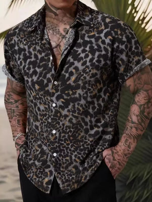 charcoal button-down shirt with leopard-print and collared