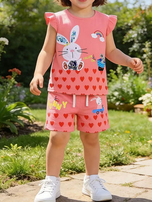 Pink cotton toddler set with bunny and heart print, ruffled sleeves, and shorts.