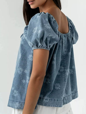 blouse in Blue with floral and tied neckline