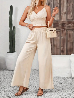 Tan textured linen crop top and slit-leg wide-leg pants set