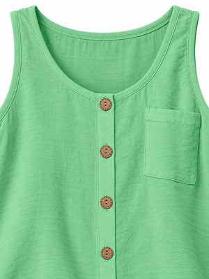 sky blue tank top with hip-length and button-front