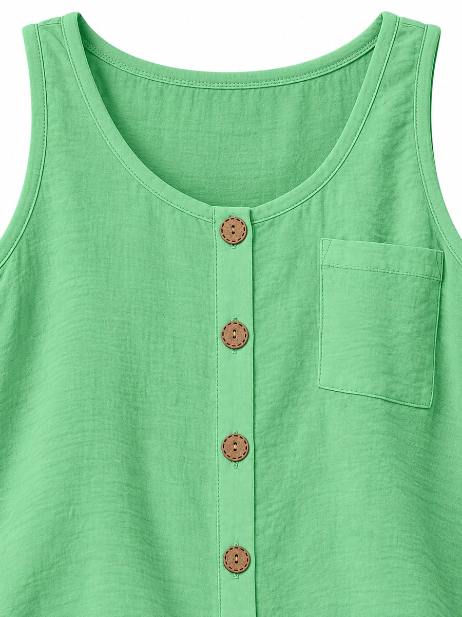 sky blue tank top with hip-length and button-front