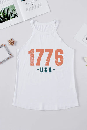 White halter tank top with distressed 1776 USA graphic