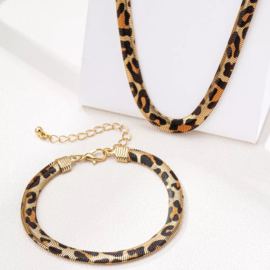 brown jewelry set featuring gold-plated and leopard-print
