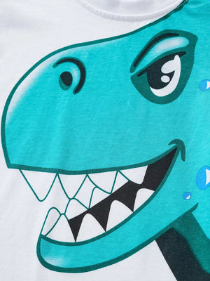 White t-shirt with a teal dinosaur graphic, featuring sharp teeth and a playful expression.