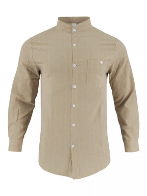 Tan linen-blend button-up shirt with subtle vertical pinstripes and band collar.