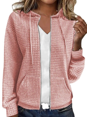 zip hoodie in blush pink featuring zipper and relaxed fit