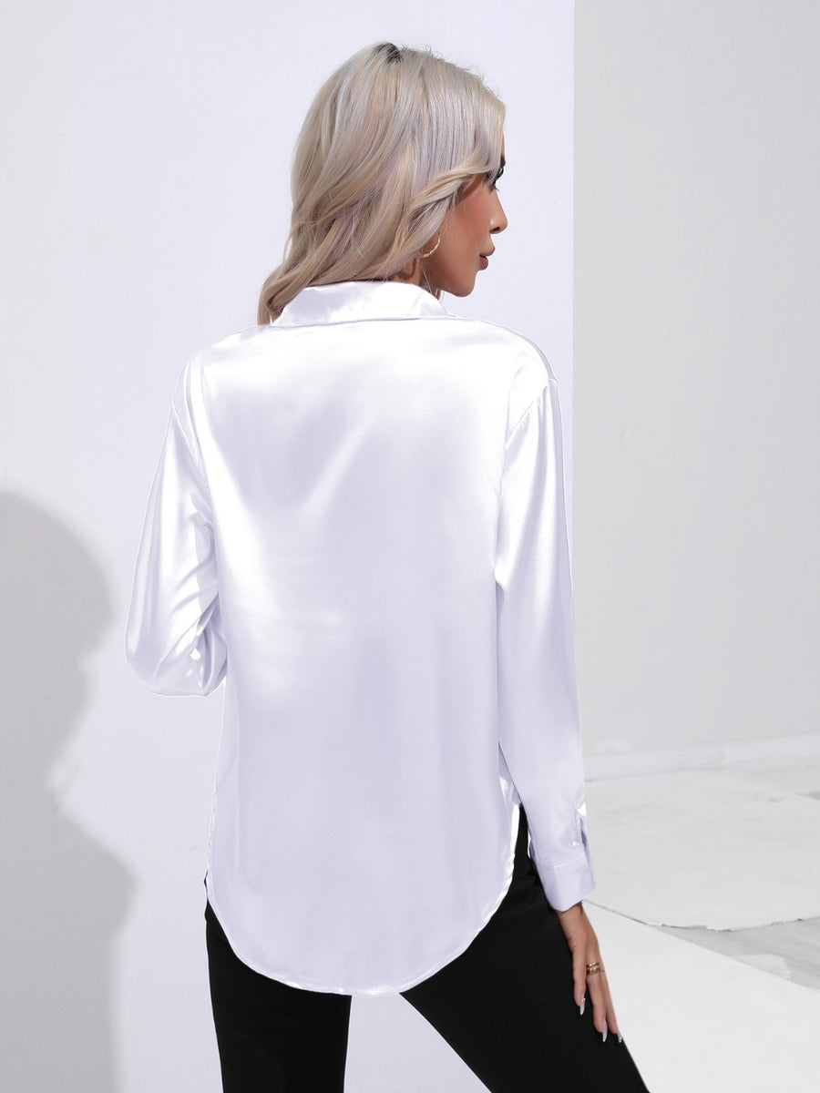 White satin tie-front blouse with a collared neckline and long sleeves.