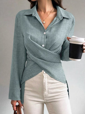 Apricot blouse with criss-cross front and long sleeve
