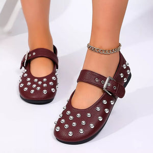 Mary Jane flats in burgundy featuring studded and round toe fit