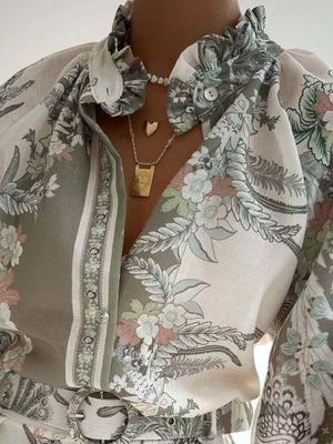 two-piece set in blush pink with floral and buttoned