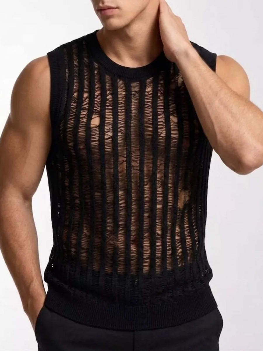Black sweater vest featuring sheer and striped