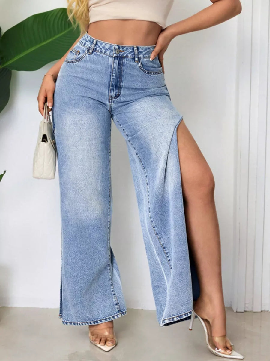 High-waisted Wide-leg Jeans With Side Slits in Blue