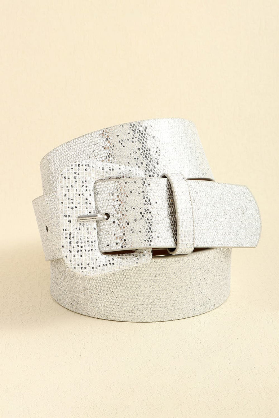 Silver glitter belt with square buckle and textured finish