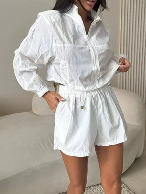 Zip-up Crop Jacket And High-waisted Shorts Set in White