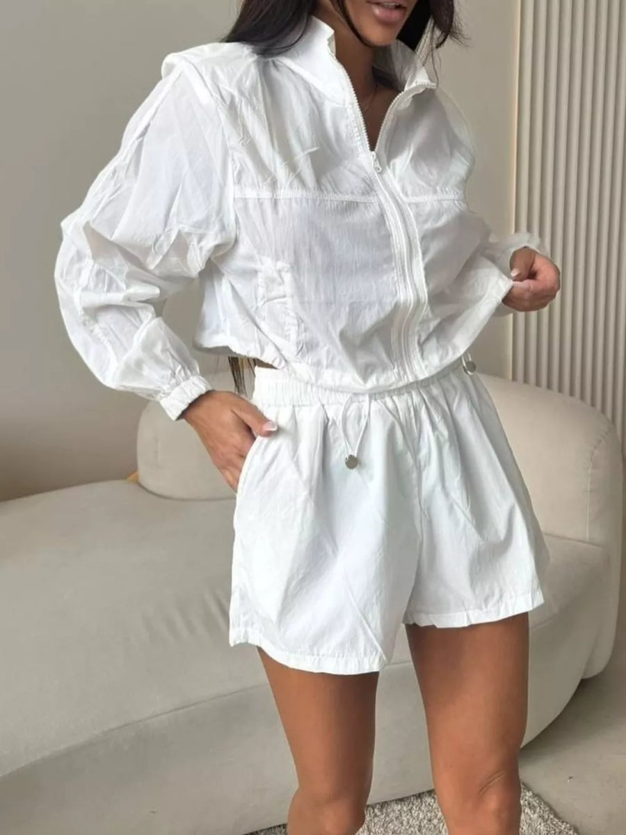 Zip-up Crop Jacket And High-waisted Shorts Set in White