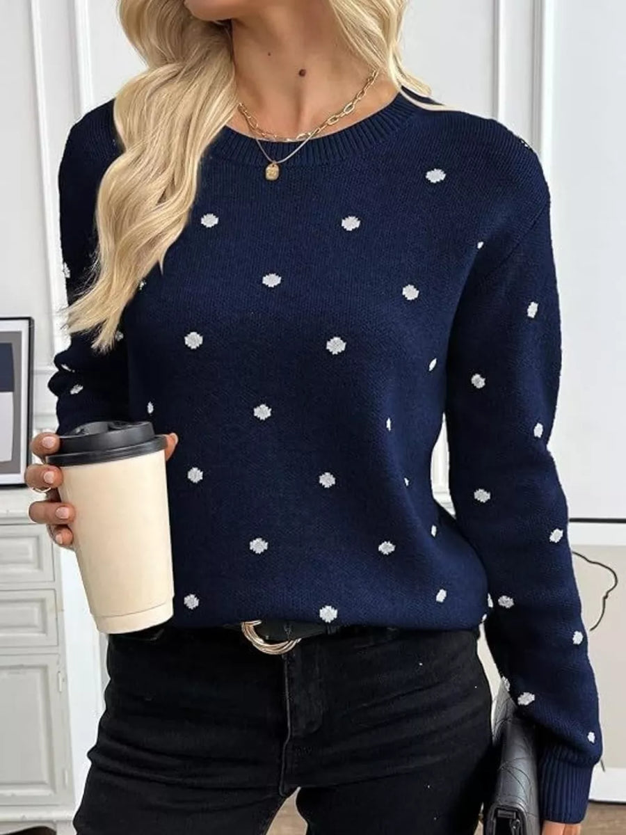 Polka Dot Crew Neck Sweater in black with ribbed cuffs