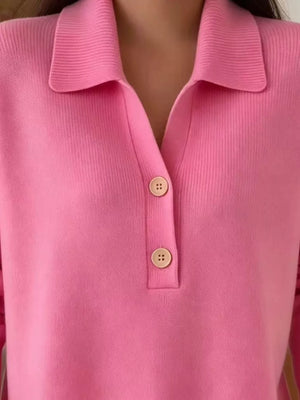 Red Full Size Button Detail Long Sleeve Sweater