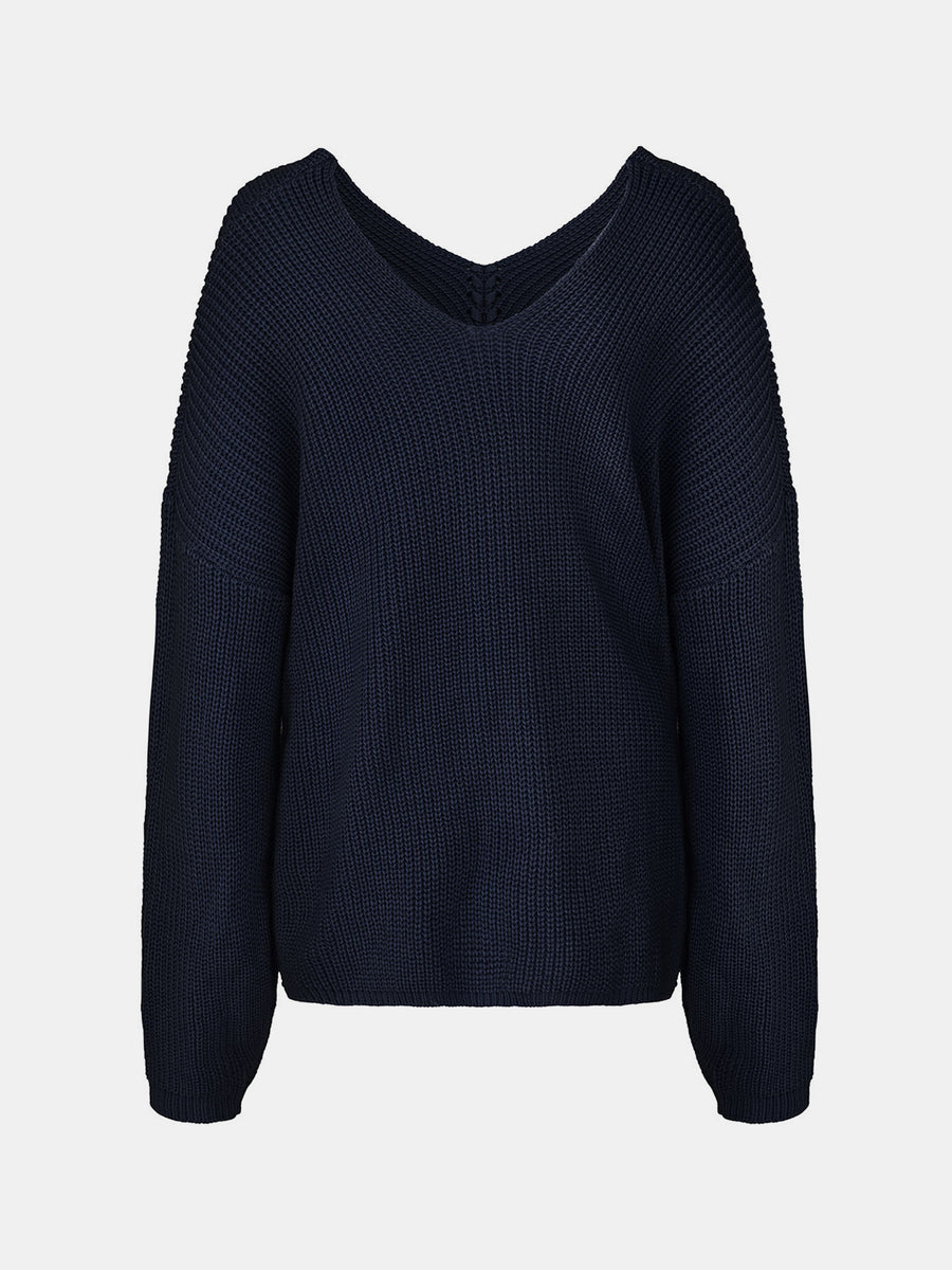 Dark Blue acrylic knit sweater with V-neck and slouchy fit.