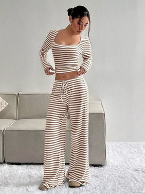 Striped crop top and wide-leg pants loungewear set with drawstring in brown and white.