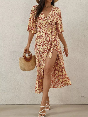 light yellow wrap dress with floral and v-neck