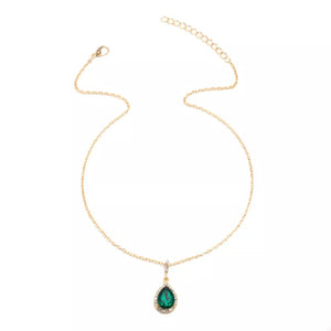 18K gold-plated necklace with dark green teardrop crystal pendant and crystal halo detail.