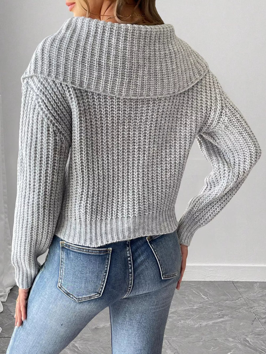 Contrast Bow Long Sleeve Sweater in black with waffle-knit