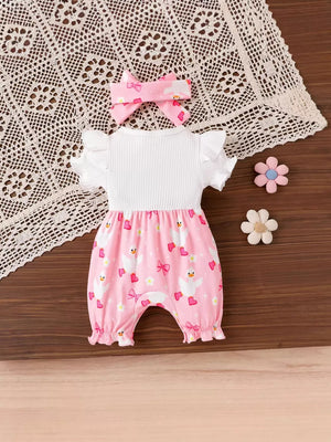 Children's Bow Duck Print Romper With Headband option 8