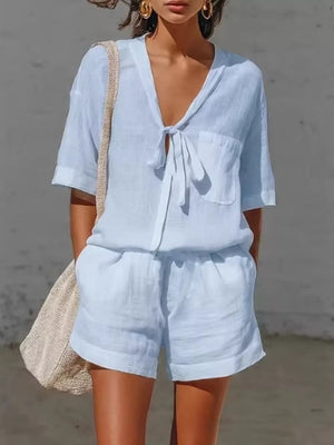 two-piece set in sky blue featuring tied and relaxed fit