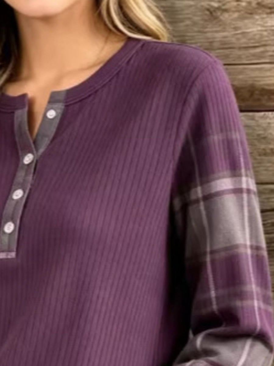 gray henley featuring buttoned and plaid
