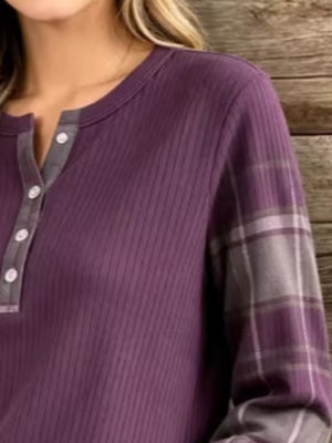 gray henley featuring buttoned and plaid
