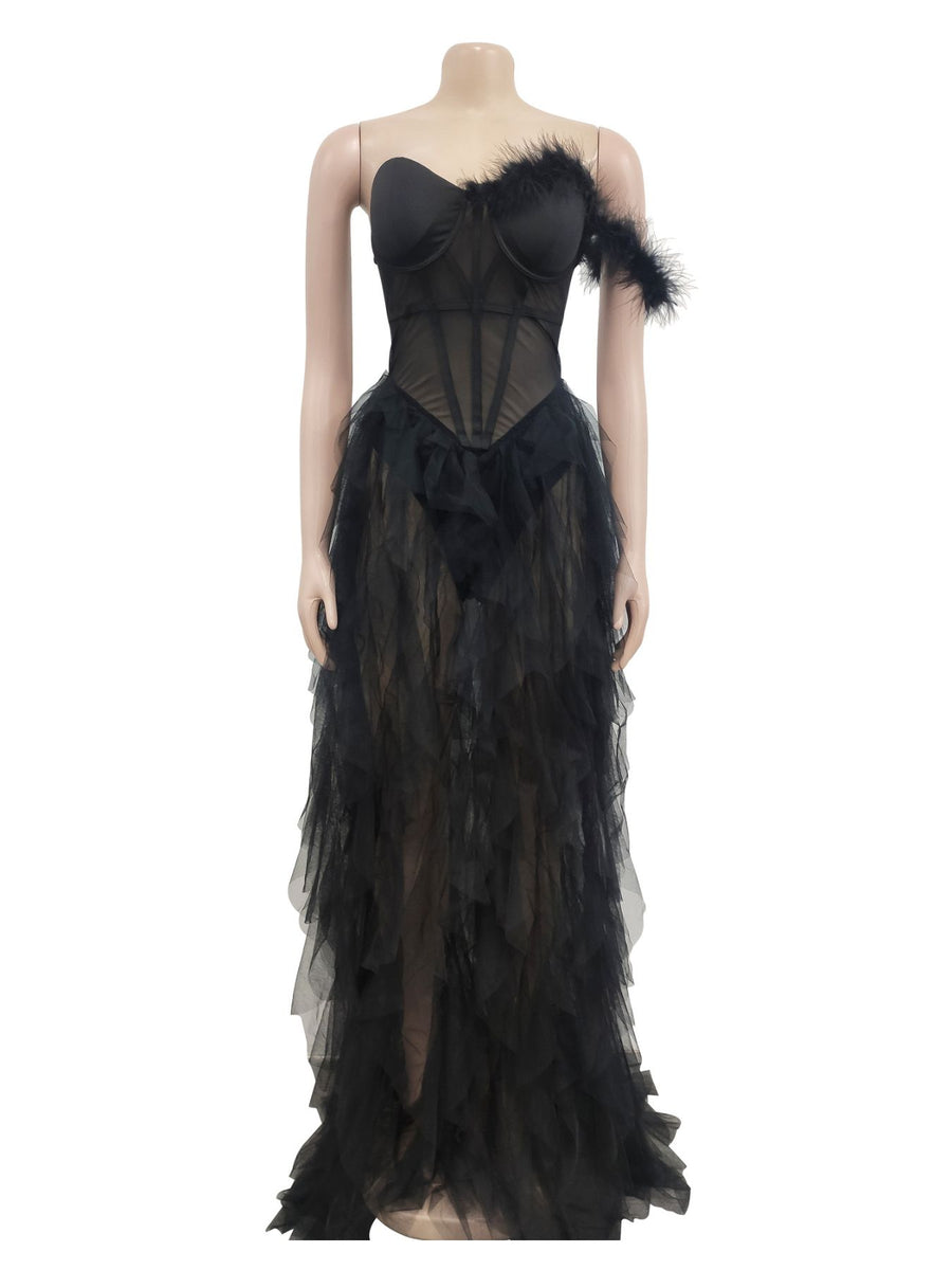 Black formal gown with tiered and sleeveless