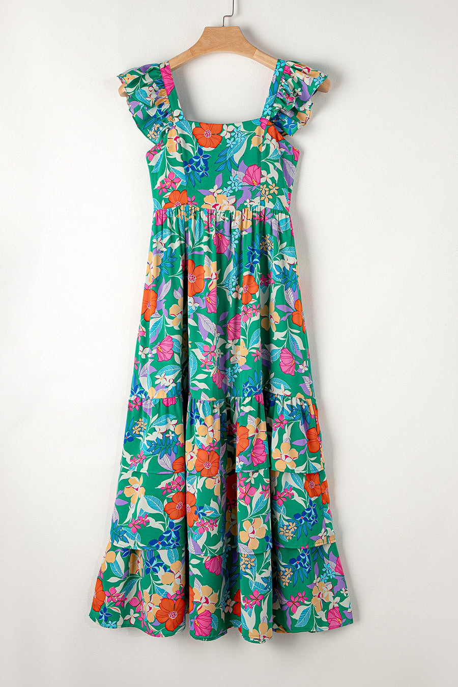 Green floral ruffle-sleeve tiered midi dress with square neckline