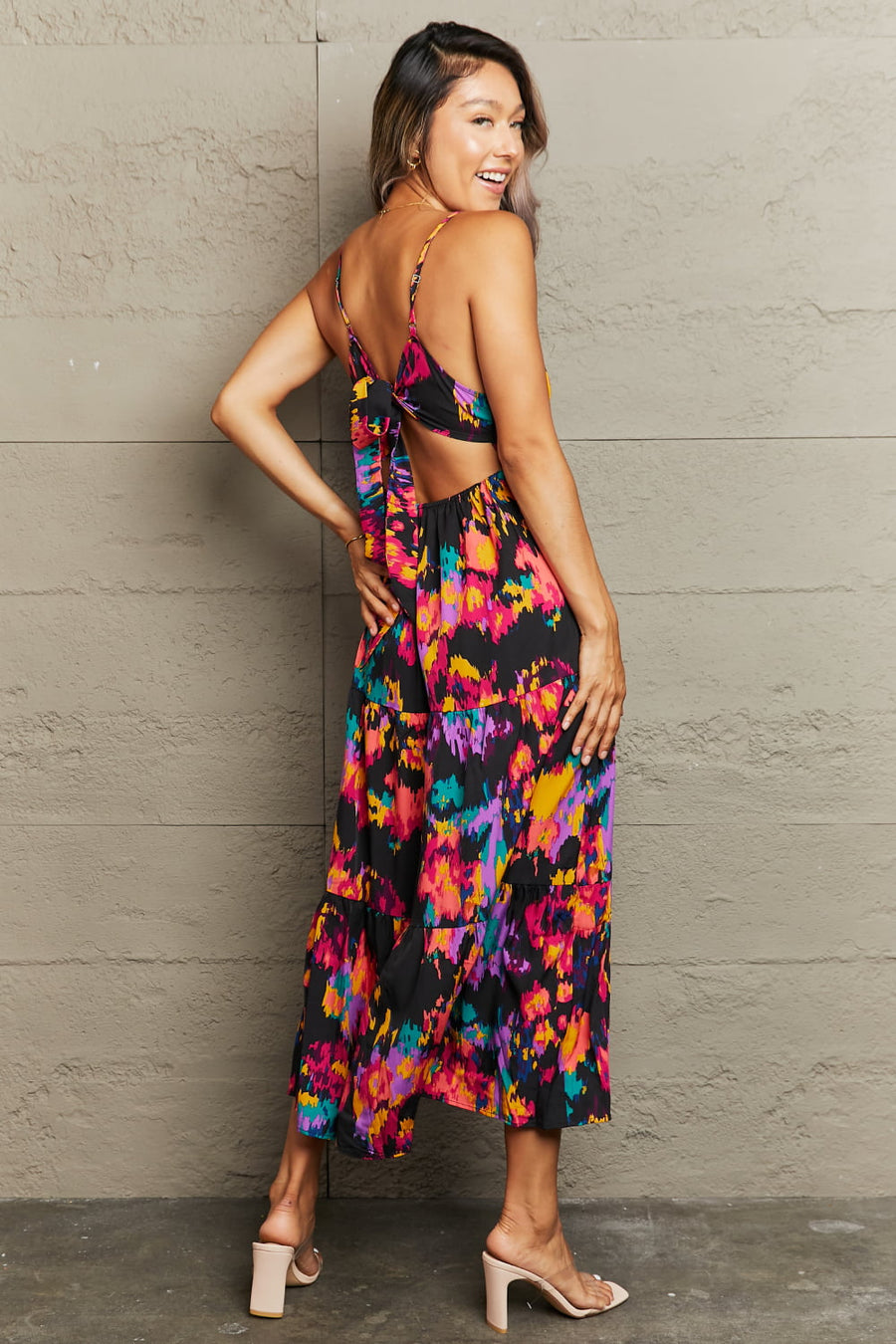 Black midi dress with abstract brushstroke print and back tie detail