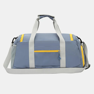 Colorblock gym duffel bag in dusty blue with yellow accents and mesh side pocket