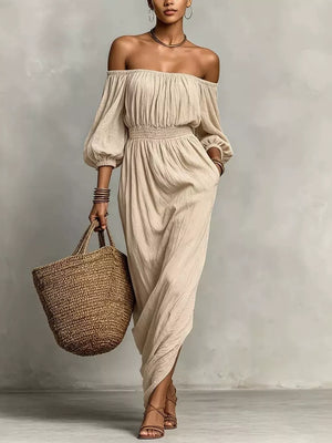 maxi dress in beige featuring pocketed and relaxed fit