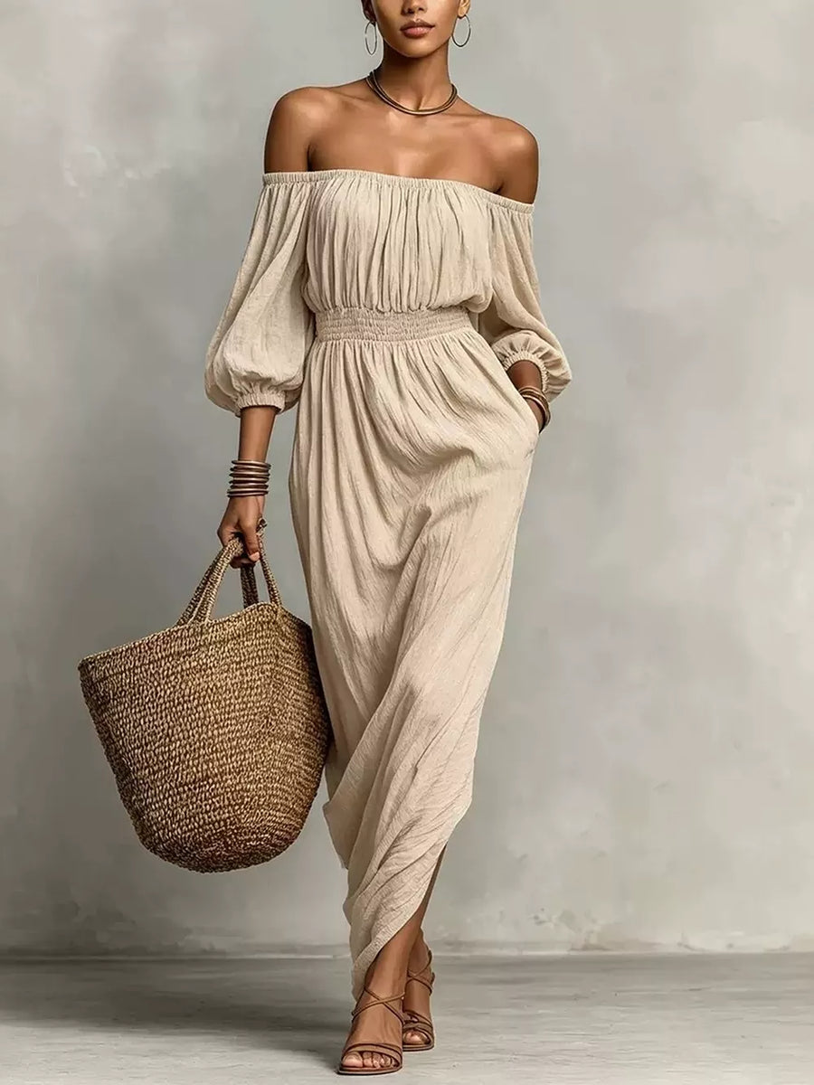 maxi dress in beige featuring pocketed and relaxed fit