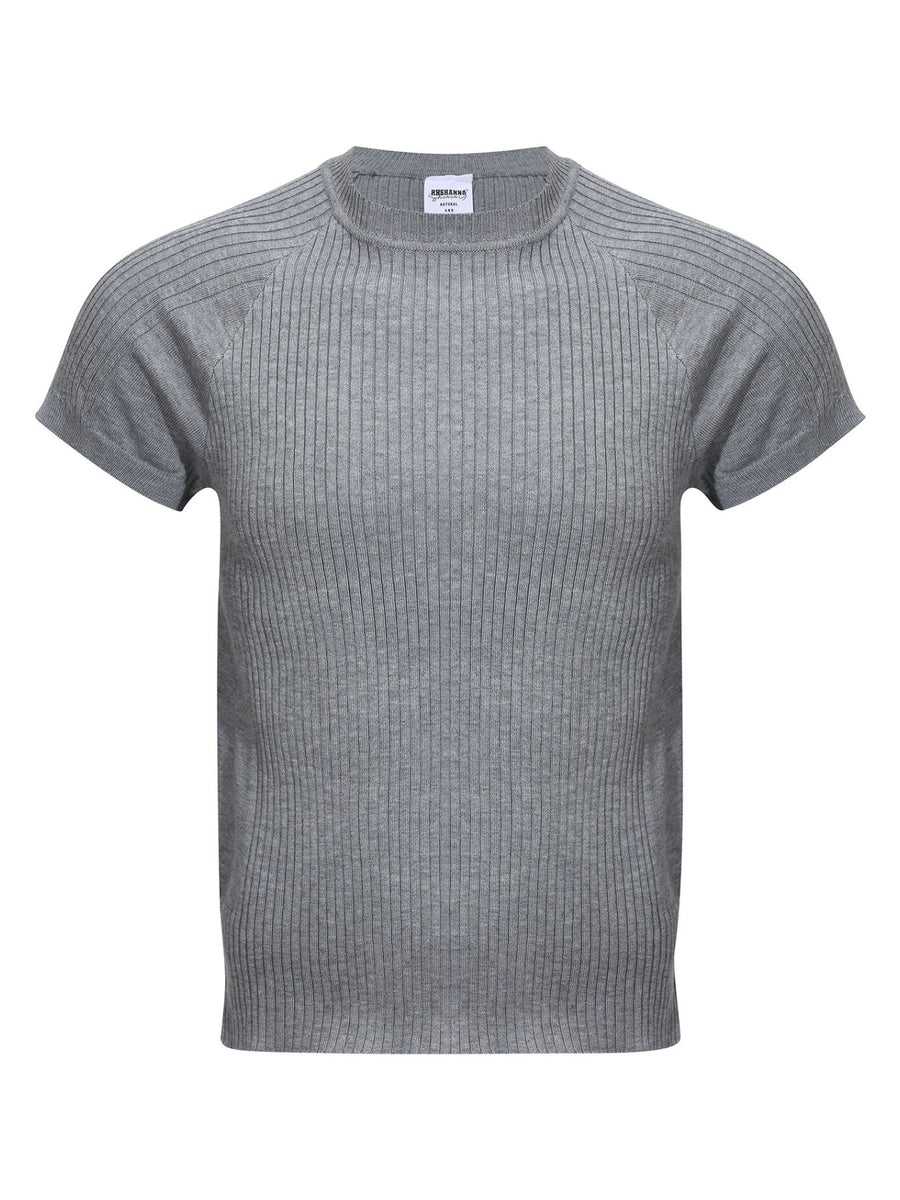 Crew-Neck Ribbed Slim Fit Knit Top in Dark Gray with ribbed
