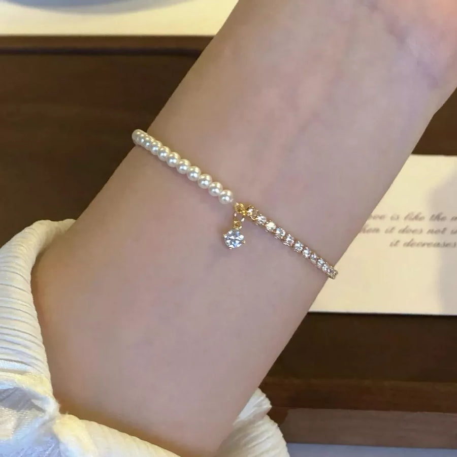 Synthetic Pearl,18K Gold-Plated,Zircon Care instructions: Avoid wearing during e bracelet in white with fitted silhouette